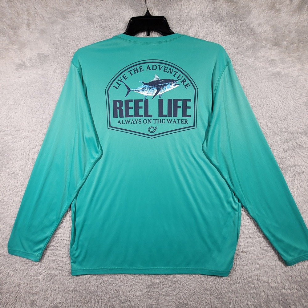 Reel Life Fishing Shirt Mens‎ XL Teal Long Sleeve Performance Tuna Graphic Tee